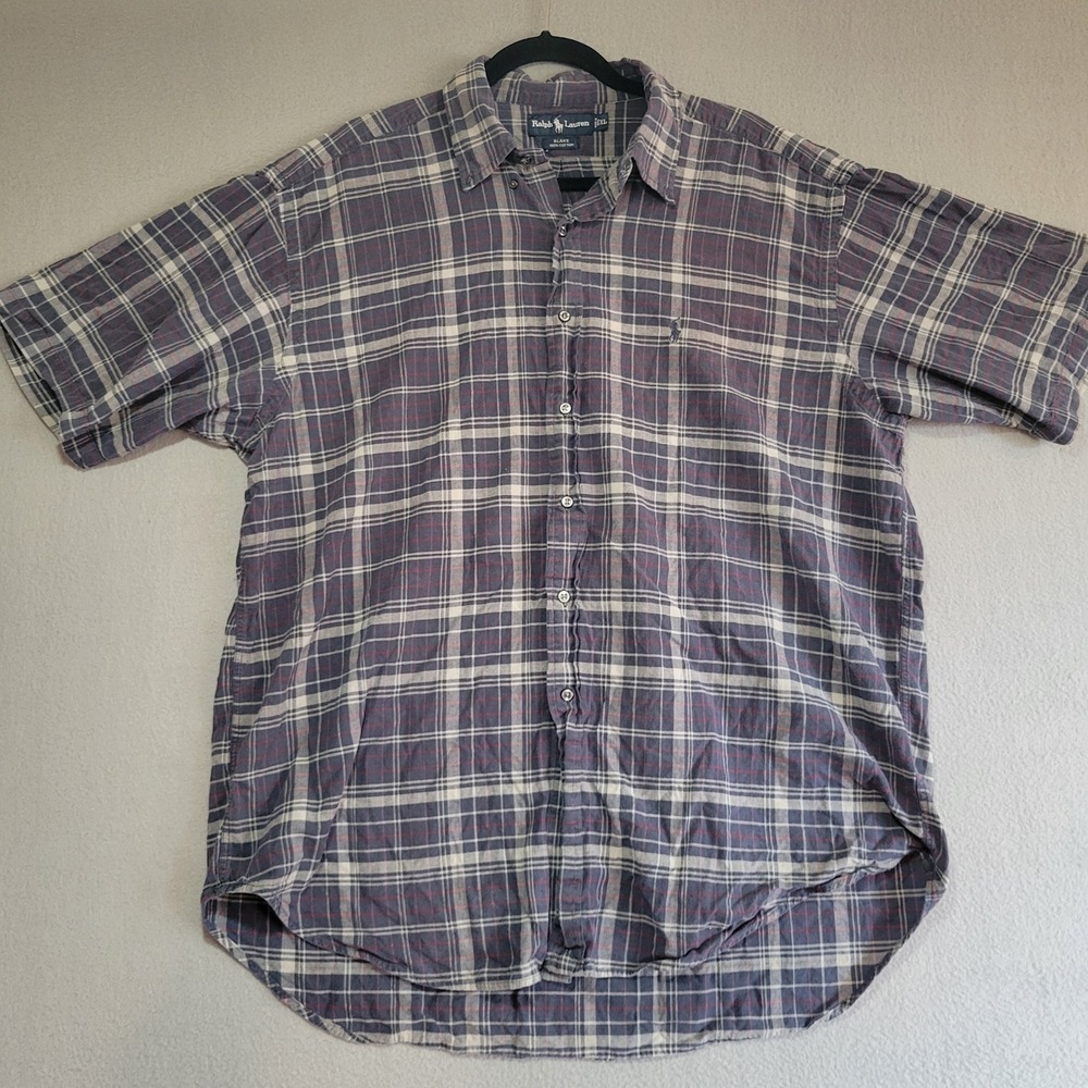 Ralph Lauren Blake Mens XL Blue Plaid Short Sleeve Button Down Cotton Shirt